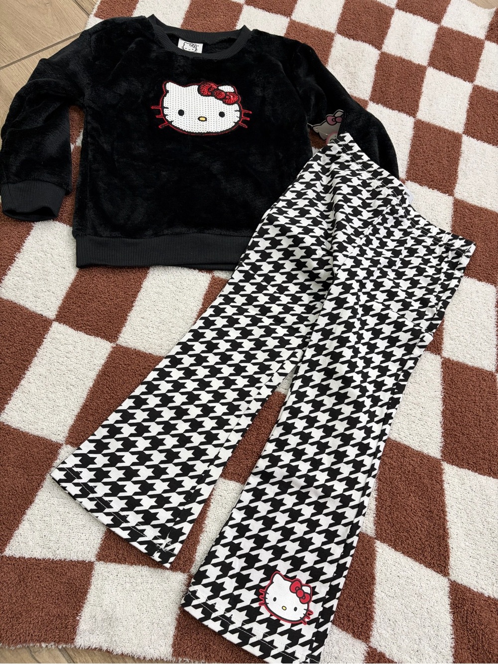 Hello Kitty Black Plush Top with Black & White Houndstooth Pants